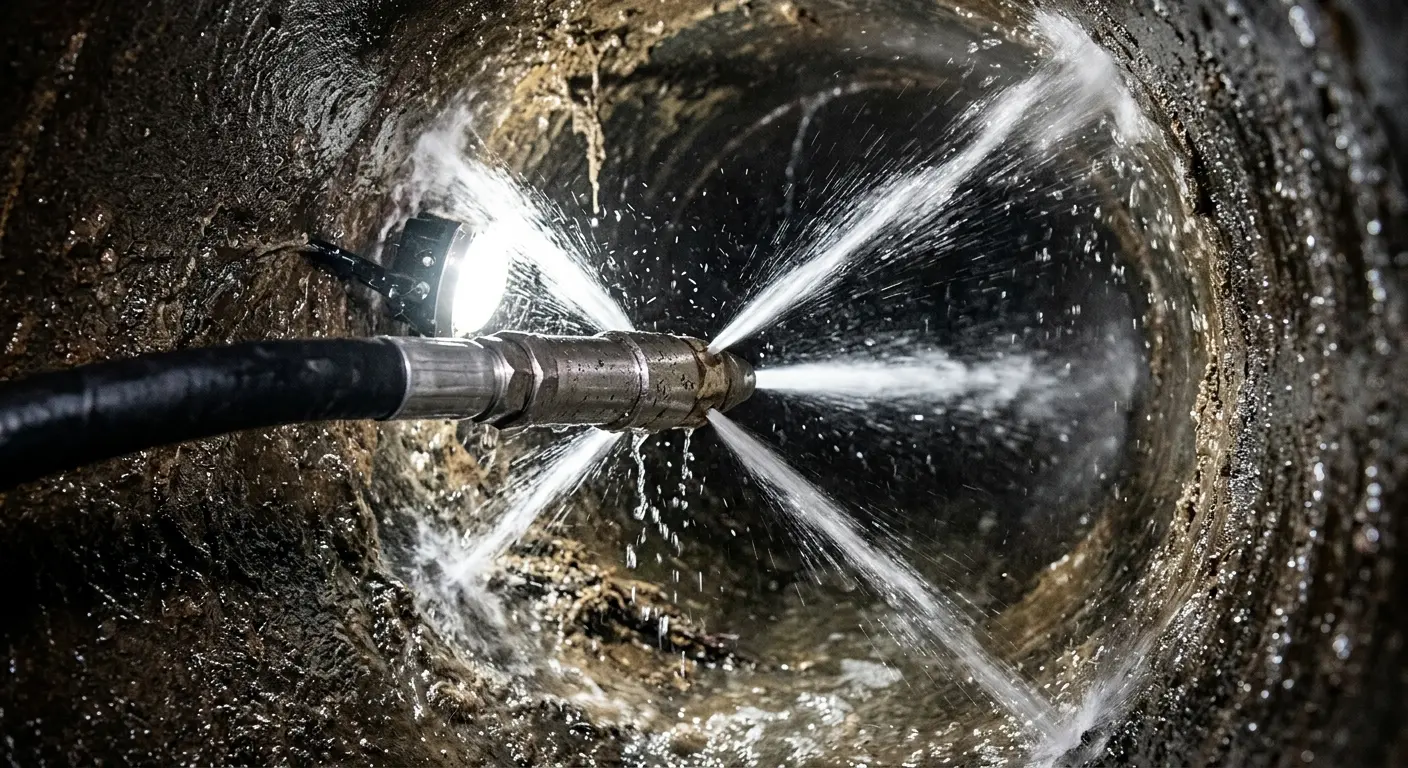 High-pressure hydro jetting nozzle cleaning sewer pipe for Emergency Drain Service in Vienna