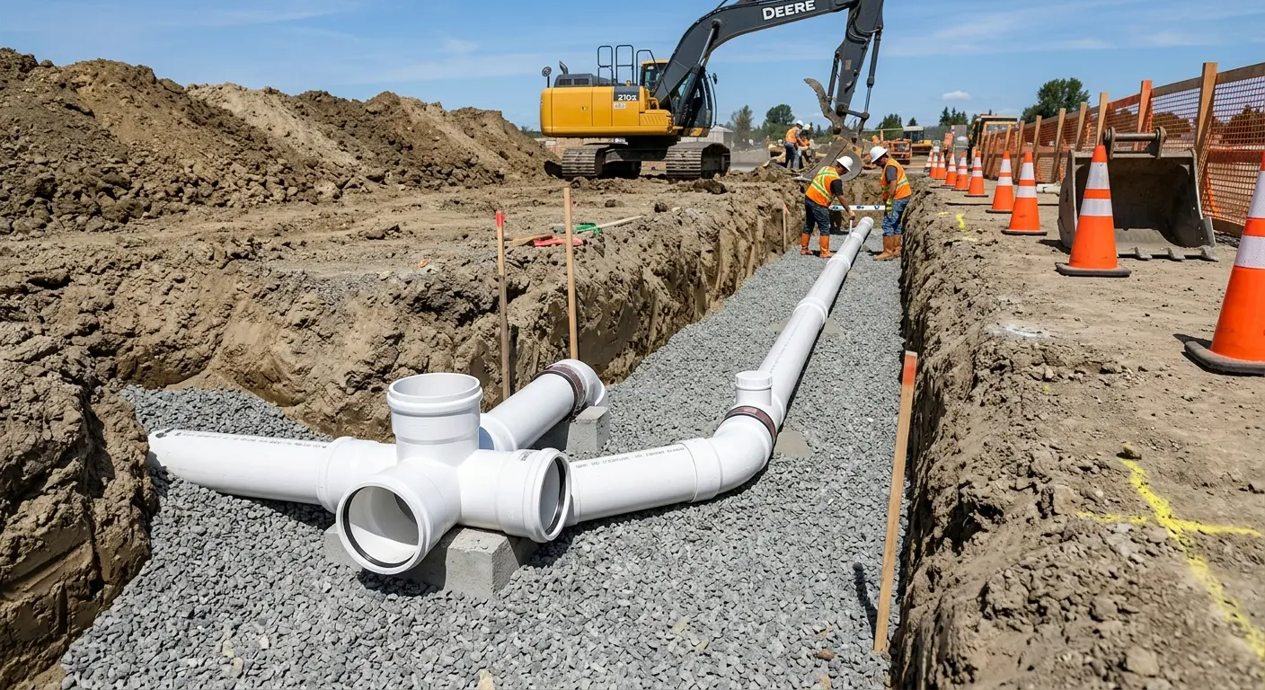 New PVC sewer pipe installation in open trench for Commercial Drain Cleaning in Vienna